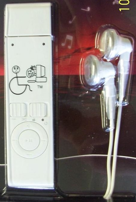 Small MP3 player with a scroll wheel, a lid, and accompanying in-ear headphones.