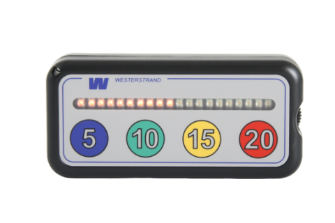 A gray rectangular device with a horizontal row of lights above the numbers 5, 10, 15, and 20.
