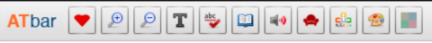 Screenshot of the ATbar toolbar, including the Atbar logo, a red heart icon, and buttons for + magnifying, - magnifying, T for text font, abc check, a dictionary, a speaker, a red easy chair, a cross-word prediction, an artist's palette, and a checkered square overlay.