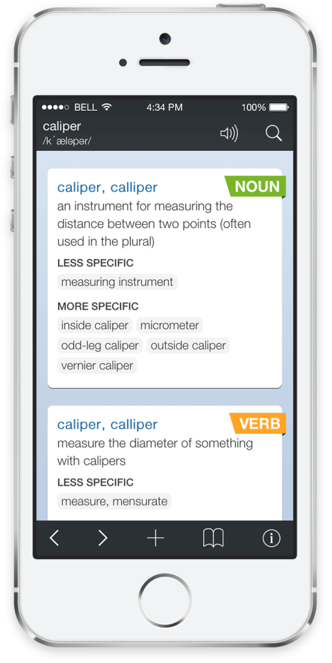 A sample screen of the advanced english dictionary for the word 'caliper'. There is a frame around the word as a noun and again as a verb.