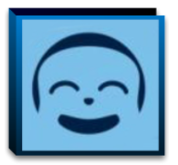 Logo featuring a blue square with the outline of smiling face in the center.