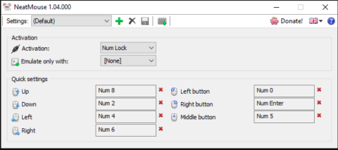 A screenshot of the menu to set up the Neat Mouse. All functions are listed alongside boxes where new user key options can be entered. There is a simple Settings button that can be set to Default on the top left.