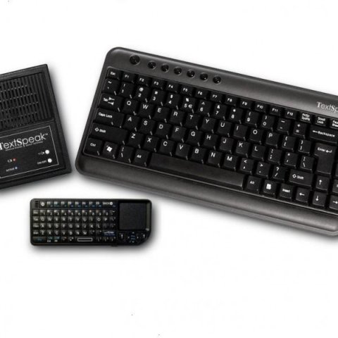 Black large keyboard and palm sized keyboard with small rectangular speaker.