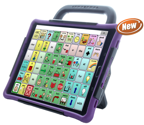 Word selection screen on a purple tablet with a handle displaying a 6x10 communications grid.