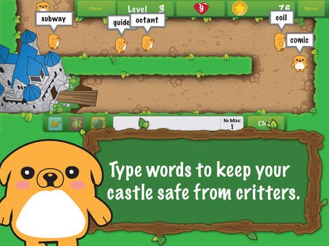 Screenshot of dog-like creature in front of a maze, saying "Type words to keep your castle safe from critters."