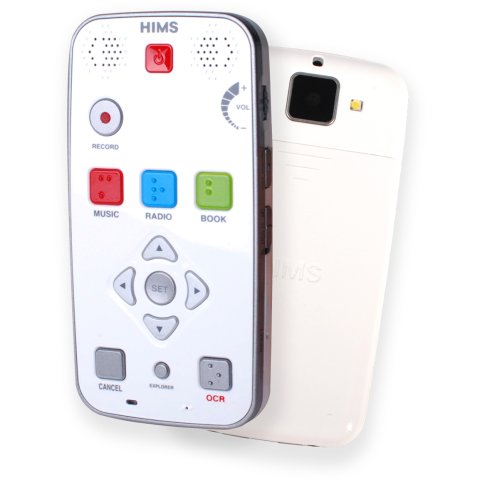 White handheld device the size and shape of a mobile phone with control and navigation buttons on the front and a camera on the back.
