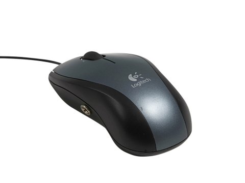 A standard black-and-grey computer mouse with a black cord attached.