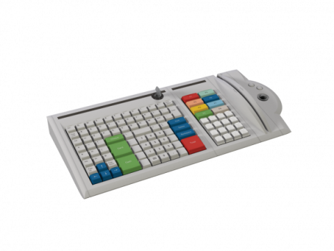 Gray keyboard with multicolored keys, magnetic stripe reader, and numerical keypad