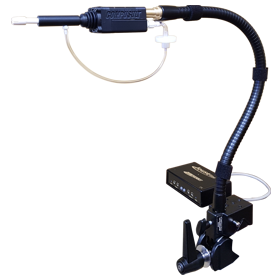 Black joystick mounted on a "gooseneck" adjustable arm.