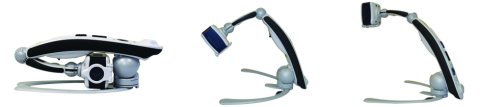Portable video magnifier transformer in collapsed position, opening position, and upright position.