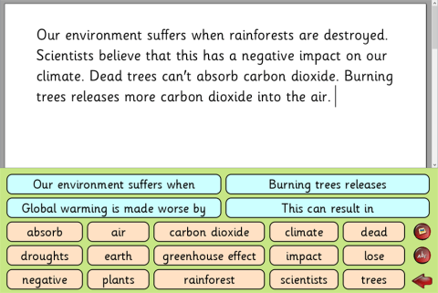 Screen displaying keys with words related to the information found on the "Find Out" resource along with a text field with a paragraph about the environment.