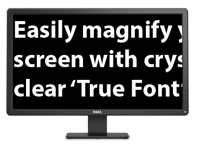 A monitor with white text magnified on a black background. 