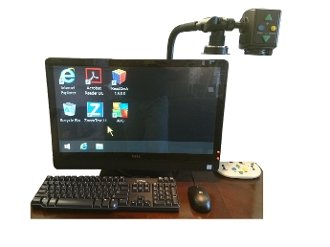 Monitor with magnifier mounted to top right with controls to zoom and a light attached.
