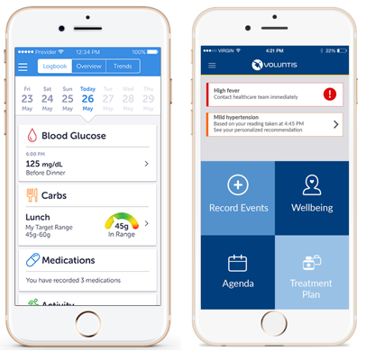 Two screenshots of the BlueStar app on an iPhone. The left screenshot shows a "stats" page, with blood glucose, carbs, and medication statistics. The screenshot on the right shows the main menu page, with options to "Record Events," an "Agenda," a "Treatment Plan," and a "Wellbeing" page.