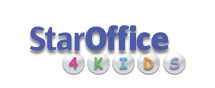 Logo showing the text StarOffice in blue color and beneath it the "4 KIDS" text inside bubbles.