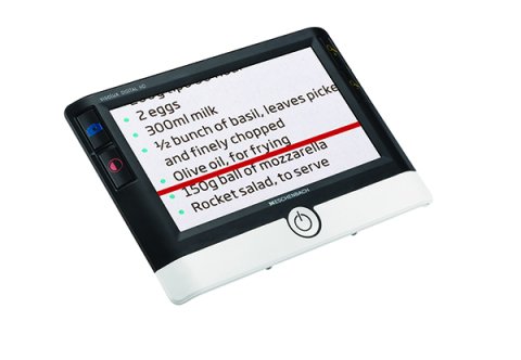 Small rectangular electronic device with black frame and LCD display showing lines of enlarged text.
