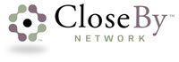 A light green and mauve, tubular circle graphic, with the words "CloseBy Network" in black, green, and mauve font next to the graphic.