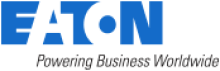 Blue and white bold font that reads, "Eaton." Beneath are the words, "Powering Business Worldwide," in smaller black font.