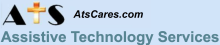 The letters "A," "T," and "S," with the "T" represented with a cross graphic. Next to the letters is the URL "AtsCares.com." Beneath are the words "Assistive Technology Services" in blue font. The background is periwinkle.