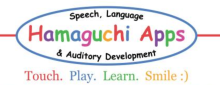 A blue oval with the words "Hamaguchi Apps: Speech Language & Auditory Development' inside. The words "Hamaguchi Apps" are in rainbow colored-font. Underneath the oval logo, the words "Touch. Play. Learn. Smile :)" are printed in red, blue, green, and yellow font.