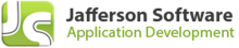 A lime green icon with a white "J" and "S." To the right, the words "Jafferson Software" in bold, black font. Beneath that are the words "Application Development" in lime green font.