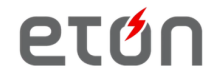 The logo is shown with "eton" written in black lower case letters with a red lightning bolt piercing the letter "o" from the top.