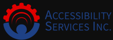 The company name is written in simple blue capital text font as Accessibility on the first line and Services Inc under that.  The icon is of a simple blue silhouette of a person with uplifted arms touching a red gear-like half-circle that ends at each palm.