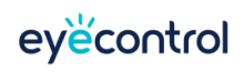The company name, eye control, is written in black lower case print, without a space between the words. The second e in eye is written in blue with three lines radiating up from its curved head.