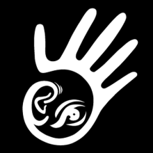 Logo featuring an outline of a hand with an ear and and eye in its palm.