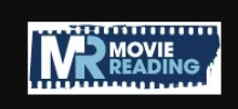 The logo is shown written on a dark blue piece of film. A white capital M shares its final leg with the first down stroke of a blue capital R. The word "movie" is then written in white above the word "Reading", which is written in blue.