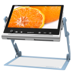 Video display showing a cut orange attached to a stand with a flat surface below.