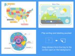 Four Sample sticker puzzles: a USA map for labeling states, a cell diagram for labeling, a numbered eco water cycle, and sorting and labeling puzzles.