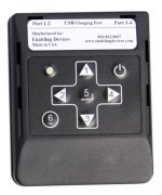 Rectangular black device with directional arrow control buttons, power button, and white display screen.