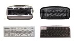 Various models of left-handed keyboards. They resemble standard keyboards, with the exception that the numeric keypad is on the left side. The letter keys on some models are slightly slanted 45 degrees (in rotation, not in height) for increased ergonomics. Two keyboards are grey with black keys; one is back; another is white.