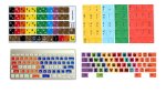 Various types of color-coded keyboard stickers. The stickers divide the keyboard into different colored "zones" that show users which fingers to place on which keys. Two designs have eight different colors; one has the full rainbow spectrum of colors; the other has pastel purple, green, blue, gold, red, teal, pink, and orange. Another set has two colors: red and blue. Still another has yellow, light blue, green, and coral red.